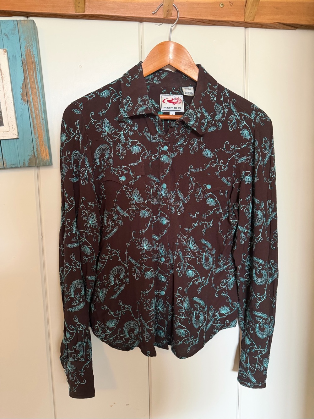 Roper Western Pearl Snap Shirt Small Brown Turquoise Paisley Cowgirl